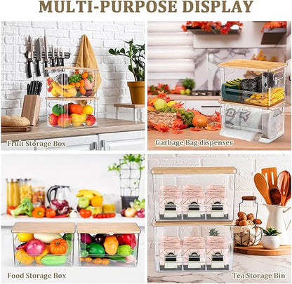 2 Pcs Stackable Storage Containers with Bamboo Top Handles Extra Large Garbage Bag Holder Dispenser Trash Bag Organizer Open Front Bin for Kitchen Laundry Room Pantry Organization(Stylish)