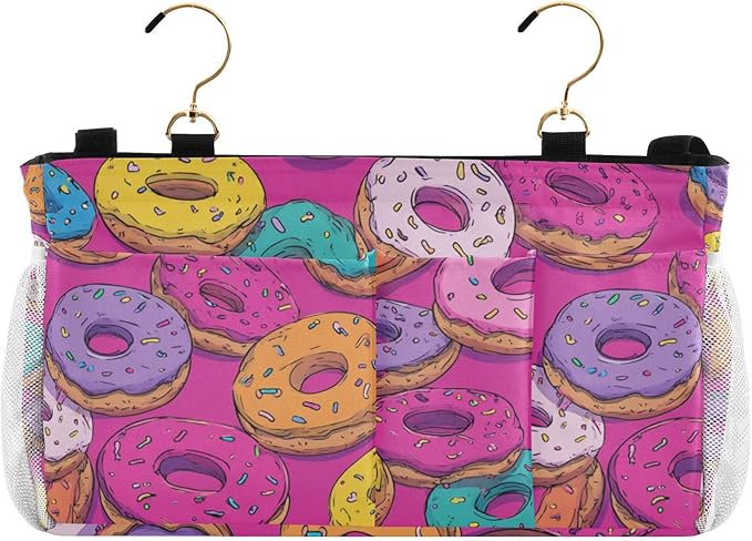 CuwrYet Bedside Caddy Hanging Bunk Bed Caddy Bed Organizer Hanging Pocket with 2 Hooks Bedside Storage Organizer Pocket Bag Holder Cute Donuts Colorful