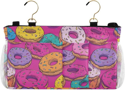 CuwrYet Bedside Caddy Hanging Bunk Bed Caddy Bed Organizer Hanging Pocket with 2 Hooks Bedside Storage Organizer Pocket Bag Holder Cute Donuts Colorful