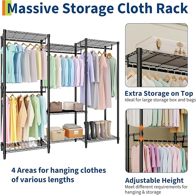 Portable Clothes Rack Heavy Duty Garment Rack, Large Freestanding Closet Wardrobe with Adjustable Shelves & 4 Hanging Rods, Closet Organizer and Storage for Bedroom Cloakroom, 76.5"H x 67.6"L x 15.5"W