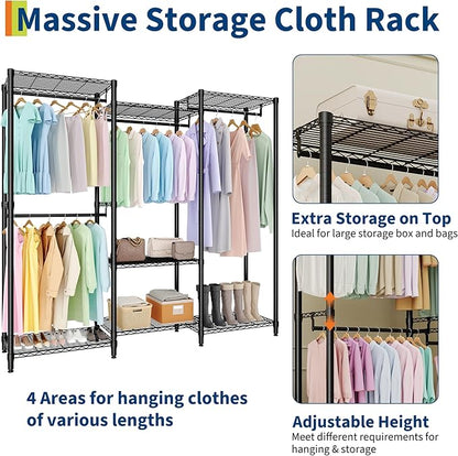 Portable Clothes Rack Heavy Duty Garment Rack, Large Freestanding Closet Wardrobe with Adjustable Shelves & 4 Hanging Rods, Closet Organizer and Storage for Bedroom Cloakroom, 76.5"H x 67.6"L x 15.5"W