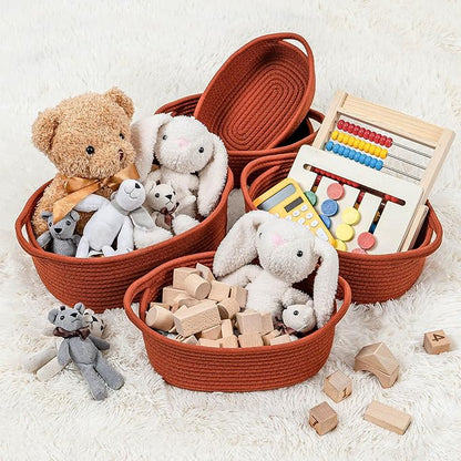 CubesLand Small Cotton Rope Storage Basket Set 5, Shelves Baskets for Organizing with Handle, Decorative Closet Storage Bins for Countertop Toilet Paper Basket for Toilet Tank Top,Rust Basket