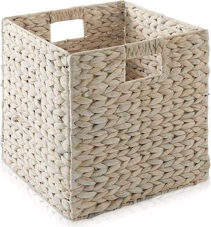 Casafield 12" x 12" Hyacinth Storage Baskets, Whitewash - Set of 2 Storage Organizers, Woven Wicker Cubes for Bathroom, Bedroom, Laundry, Shelves