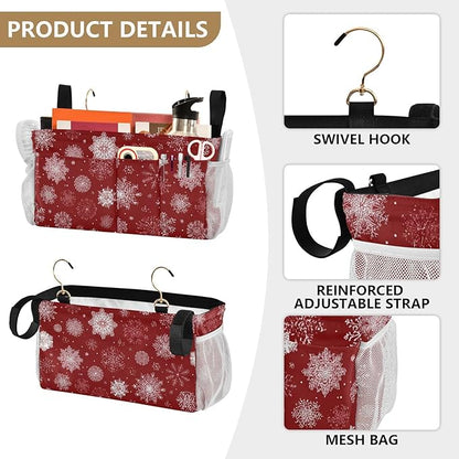 CuwrYet Bedside Caddy Hanging Bunk Bed Caddy Bed Organizer Hanging Pocket with 2 Hooks Bedside Storage Organizer Pocket Bag Holder Red Christmas Snowflakes