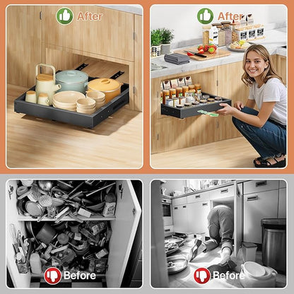 BUFOR 1 Pack Pull out Cabinet Organizer, Width (12"-19") Depth (17"-23"), with 3 Rails Adjustable Slide, Expandable Pullout Drawers for Cabinets, No Drill Adhesive Kitchen Drawers for Pantry Shelves