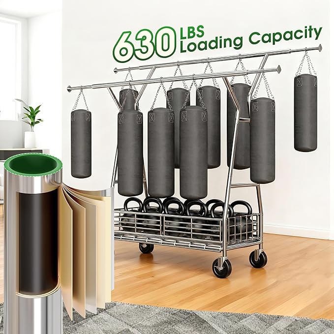Raybee Heavy Duty Clothes Rack 630LBS, Double Rods Clothing Rack with Storage Basket, Portable Garment Rack for Heavy Clothes, Extendable & Adjustable, Bedroom, Closet, Commercial