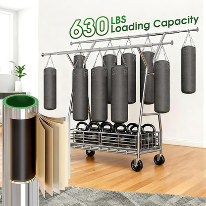 Raybee Heavy Duty Clothes Rack 630LBS, Double Rods Clothing Rack with Storage Basket, Portable Garment Rack for Heavy Clothes, Extendable & Adjustable, Bedroom, Closet, Commercial