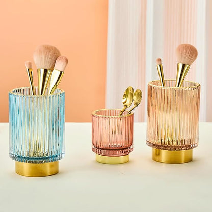 LEICURACE Makeup Brush Organizer, Toothbrush Holder, Desk Pen Pencil Holder, Multifunctional Vintage Glass Brush Cup (S/Gold/A3-12-US)