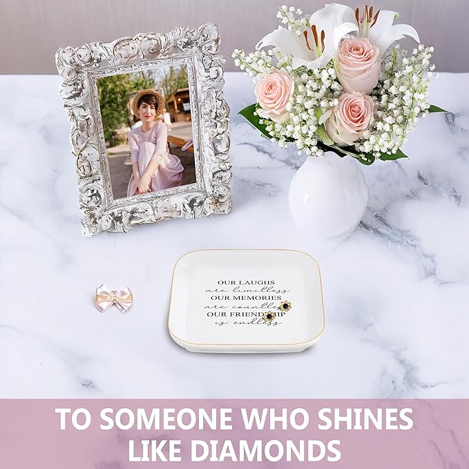 Friend Gifts Trinket Dish for Women, Unique Friendship Gifts, Our Friendship is Endless Ceramic Ring Dish Jewelry Tray for Birthday Christmas Gift for Mom, Sister, Best Friends (Modern-Our Laughs)