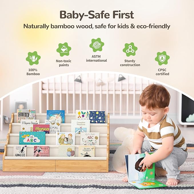 ELYKEN Toddler Bookshelf for Kids Rooms, Nursery Book Shelves with Open Forward Display, Montessori Book shelf for Baby Room, Small Children Classroom Books Rack Storage, Reading Corner for Kid, Beige