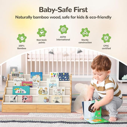 ELYKEN Toddler Bookshelf for Kids Rooms, Nursery Book Shelves with Open Forward Display, Montessori Book shelf for Baby Room, Small Children Classroom Books Rack Storage, Reading Corner for Kid, Beige