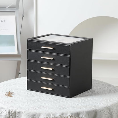 Frebeauty Clear Lid Jewelry Box,5-Layer Jewelry Organizer with Drawer,PU Leather Jewelry Organizers and Storage,Jewelry Boxes for Women,Jewelry Storage for Rings Earring Stud,Gift for Women(Black)