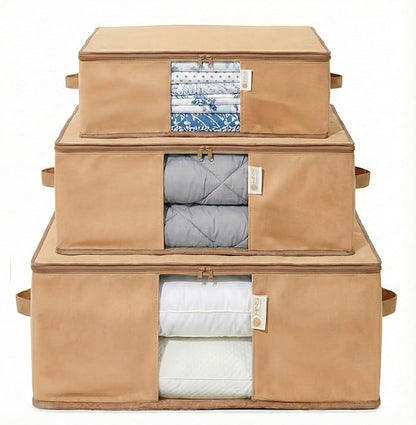 Cedar Storage Bag Organizer for Bedding Set - Protects from Moths, Moisture, Dirt & Dust - Set of 3 Storage Bags for Bed Sheets, Comforter, Pillows & More - Space-Saving Bedding Organizer, Beige