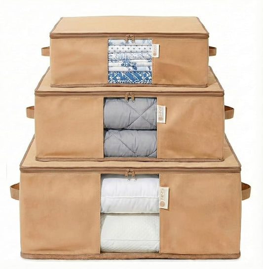 Cedar Storage Bag Organizer for Bedding Set - Protects from Moths, Moisture, Dirt & Dust - Set of 3 Storage Bags for Bed Sheets, Comforter, Pillows & More - Space-Saving Bedding Organizer, Beige