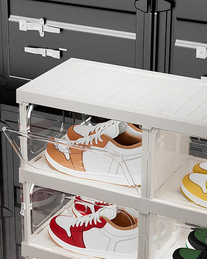 RILBOX X-Large Sturdy Foldable Shoe Rack Sneaker Container Clear Plastic Stackable Space Saving Shoe Storage Boxes Organizers Bin Holder with Lids for Entryway, Closet 6 Tier - 14.0" W Hold 6 Pairs