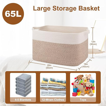 Blanket Basket for Living Room, Cotton Rope Basket for Storage, Toy Baskets Bin for kids, Woven Baskets with Handles for Clothes, Towels, Pillows, 20" x 16" x 12", Brown and White