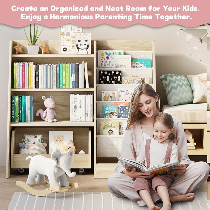 COZPAW Kids Bookshelf and Toy Storage, 4 Tier Toddler Bookshelf with Movable Drawer (Oak)