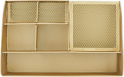 Annova Mesh Desk Organizer Office with 7 Compartments + Drawer/Desk Tidy Candy/Pen Holder/Multifunctional Organizer (Gold)