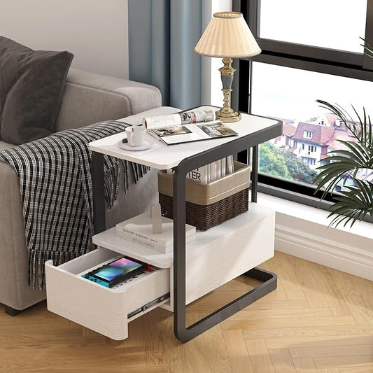 Narrow Side Table, End Table with Drawer& Storage Shelves, Modern Sofa Couch Table Curved Bedside Table for Living Room Bedroom, Narrow Nightstand with Thickening Iron Shelves for Small Space, White