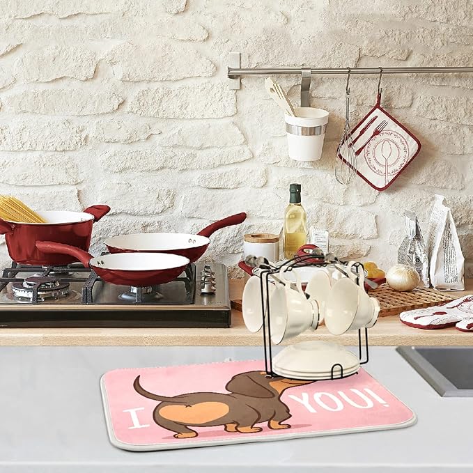 ZzWwR Cute Dachshund Funny Heart Absorbent Dish Drying Mat Microfiber Kitchen Countertop Table Protector Multipurpose Counter Rack Sink Drainer Pad (16” x 18”)