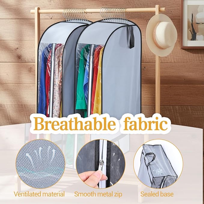 4 Pack 10" Gusseted Garment Bags for Hanging Clothes, 43" Long Suit Bags for Closet Storage with Handles Side Clear Garment Covers with Zipper for Coat, Dress, Jacket, Sweaters, Shirt, Gowns (Grey)