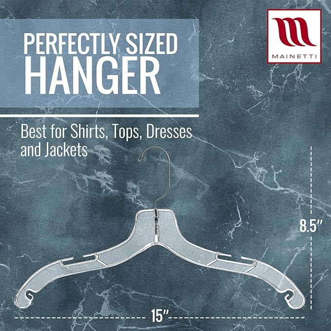 Mainetti 5400SCR Clear Plastic Hangers - 20 Pack with 360 Swivel Metal Hook and Notches for Straps, Great for Shirts/Tops/Dresses/Jackets, 17-Inch