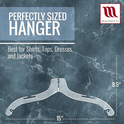 Mainetti 5400SCR Clear Plastic Hangers - 20 Pack with 360 Swivel Metal Hook and Notches for Straps, Great for Shirts/Tops/Dresses/Jackets, 17-Inch