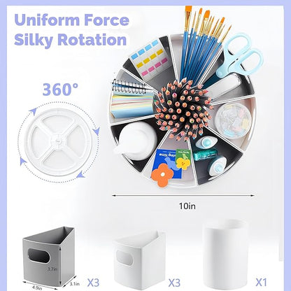 Rotating Art Supply Organizer Storage Caddy for Kids, 7 Bins Craft Crayon Marker Organizer for School Desk, Lazy Susan Pencil Holder for Classroom Organization, Homeschool Supplies