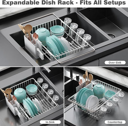 jouzevic Dish Drying Rack in Sink: Expandable, 3-Slot Utensil Holder, Anti-Slip Handle. Small Dish Rack: Ideal for Small Households. Kitchen Drying Rack: White