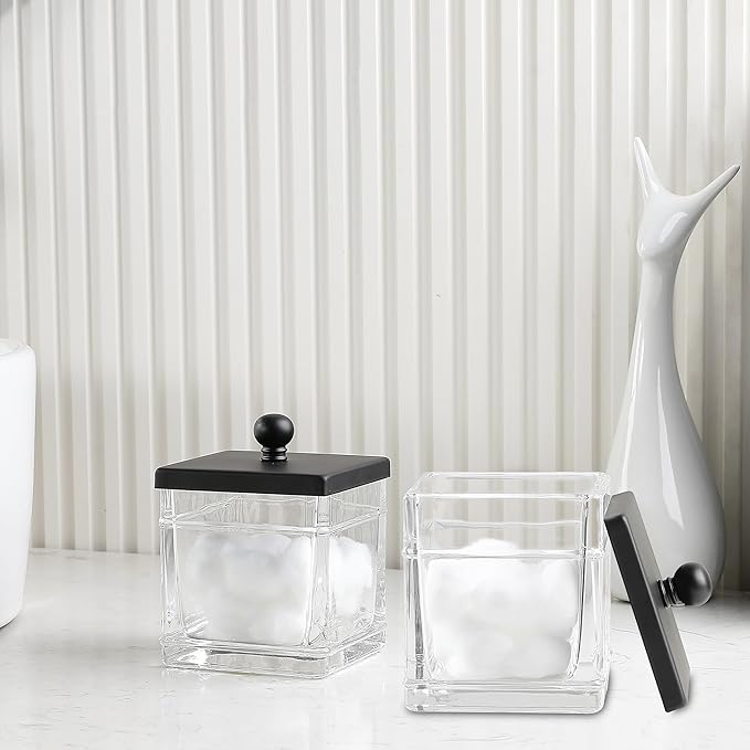 Indecor Home Glass Cotton Jar Holder 2 Pack– Matte Black Lid, Elegant Bathroom Storage Canister for Qtips, Cotton Balls, Floss, Makeup Organizer, Vanity & Bathroom Organization