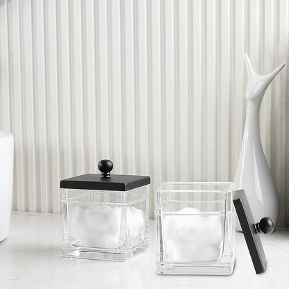Indecor Home Glass Cotton Jar Holder 2 Pack– Matte Black Lid, Elegant Bathroom Storage Canister for Qtips, Cotton Balls, Floss, Makeup Organizer, Vanity & Bathroom Organization