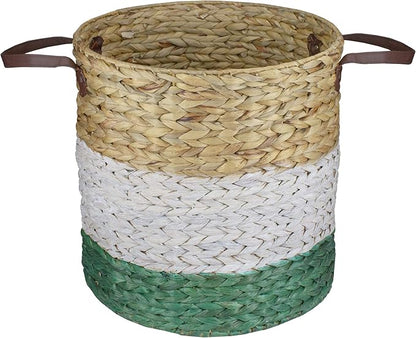 16" Beige White and Teal Braided Wicker Basket with Handles