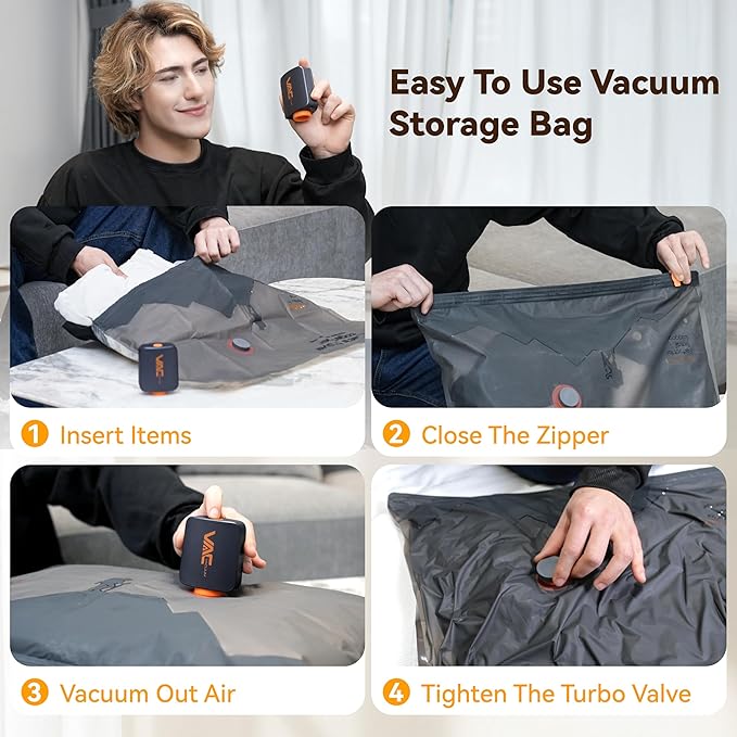 VACKFOX Vacuum Storage Bags with Rechargeable Cordless Pump,12 Pack Vacuum Storage Space Saver Bags, Compression Packing Seasonal Storage for Clothes Bedding Blanket Pillows Comforters