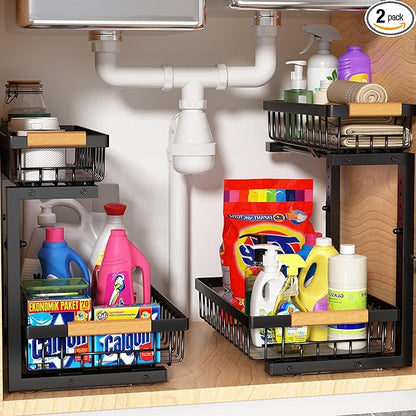 Under Sink Organizer 2 Pack, 2 Tier Slide Out Large Capacity Height Adjustable Under Sink Organizers and Storage for Kitchen Bathroom Cabinet, Black