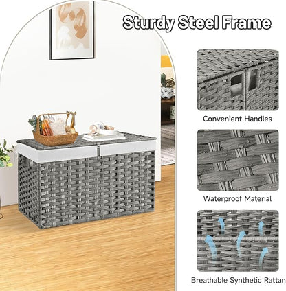 180L Wicker Storage Basket with Lid, Handwoven Rattan Large Shelf Basket with Removable Liner, 47.6 Gallon Wicker Basket for Blanket, Storage Trunk with Handle for Closet, Bedroom, Livingroom, Grey