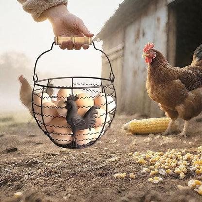 Wire Egg Basket for Gathering Fresh Eggs Collecting Basket With Handle,Rusty Chicken Decorated Small Chicken Egg Basket Vintage Style Eggs Holder Basket Countertop for Farmhouse Kitchen Decor