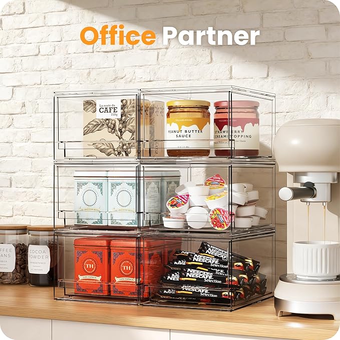 A-LuGei 【𝟰𝗣𝗖𝗦】 Acrylic Stackable Storage Drawers, 7.5" L Makeup Organizer, Bathroom Organizer and Storage, Plastic Storage Bins for Kitchen Cabinet Pantry Medicine Fridge
