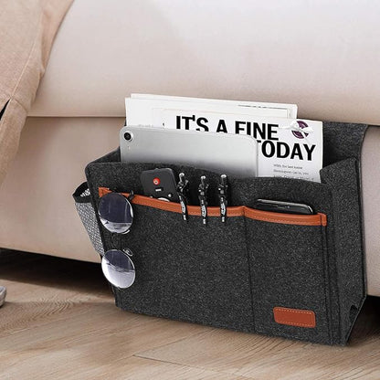 WantuSee Bedside Caddy, Bed Storage Organizer for Remote Controller, Books, Magzine, Laptop Holder, 12.4'' x 8.6'' inch Bedside Hanging Felt Storage Bag for Dorm Bed with 5 Pockets, Dark Gray