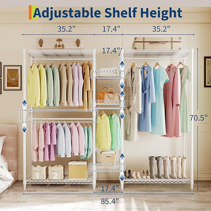 Heavy Duty Garment Rack L Shaped Clothes Rack for Corner,Load 1631LBS,Freestanding Portable Wardrobe Closet Clothing Rack with 7 Adjustable Shelves, 4 Hanging Rods,70.5"H x 85.4"L x 17.4"W