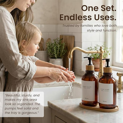 Maisonovo Plastic Soap Dispenser Set | Hand Soap and Dish Soap Dispenser Set | 16.9oz Amber Bottles with Black Bamboo Pump | Bathroom Lotion Dispenser with Pump Set of 2