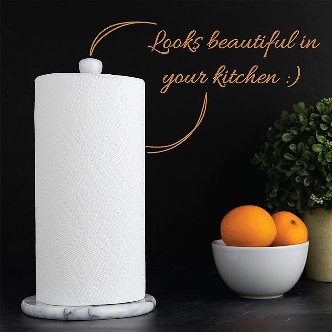 Homeries Marble Paper Towel Holder – Deluxe Upright Towel Dispenser for Kitchen Countertop, Cabinet & Bathrooms – Non Steel & Non Plastic Design – Heavy Duty, Solid Paper Towel Holder Stand (White)