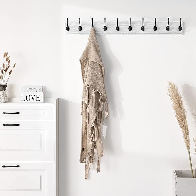 SKOLOO Rustic Wall Mounted Coat Rack, Case of 2, Pine Solid Wood Coat Hook Hanger - 10 Hooks for Hanging Clothes Robes Towels Coats