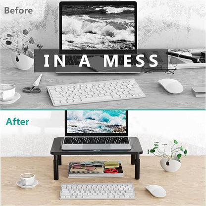 WALI Dual Monitor Stand for Desk, Desk Monitor Riser 3 Height Adjustable, Laptop Riser with Airflow Vents, Desk Organizer for Computer, Laptop, Printer, Notebook (STT003-2), 2 Pack, Black