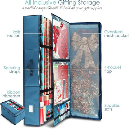 Hearth & Harbor Christmas Tree Storage Bag 7.5 ft, Wrapping Paper Storage Organizer Container & Large Christmas Ornament Storage Box With Adjustable Dividers