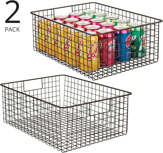 mDesign Metal Wire Food Storage Basket Organizer with Handles for Organizing Kitchen Cabinets, Pantry Shelf, Bathroom, Laundry Room, Closets, Garage - Concerto Collection - 2 Pack - Bronze