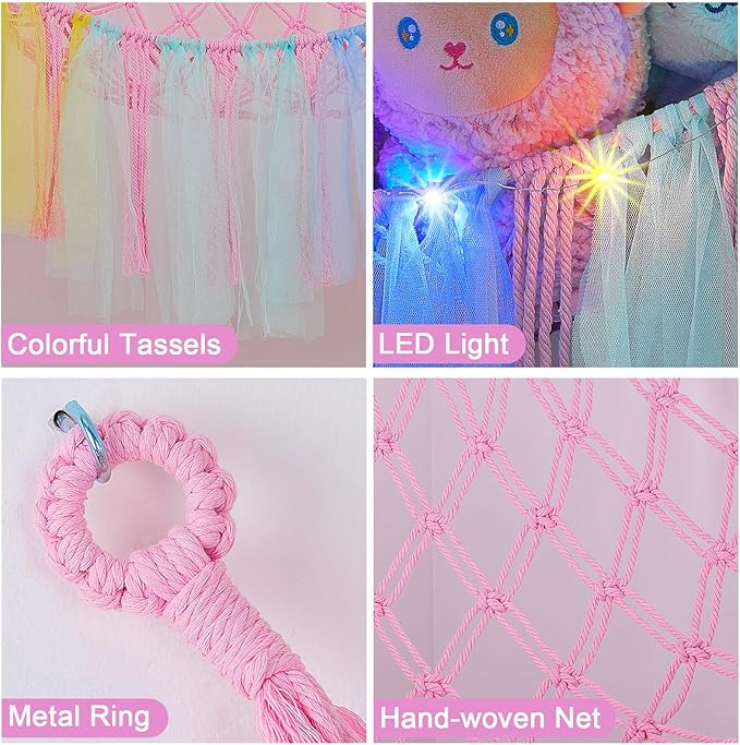 FIOBEE Stuffed Animals Net or Hammock with LED Light, Toy Hammock Hanging Stuffed Animals Storage Organizer Holder Room Décor for Nursery Kids Bedroom