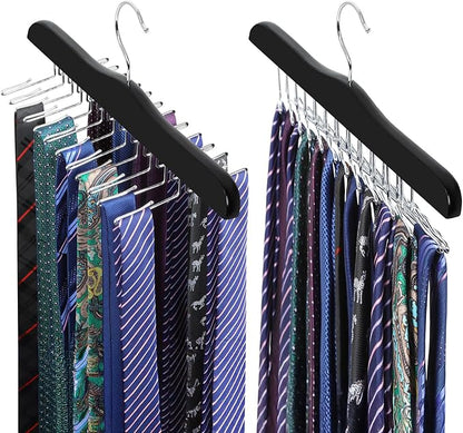 TOPIA HANGER Tie Rack Hanger for Closet, Wooden Tie Organizer for Men with 24 Folding Hooks, Space Saving Necktie Holder for Storage and Display Bra, Tank Top, Camisole (2-Pack), Black- CT14B-2