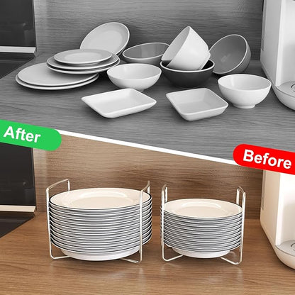 Adjustable Dish Rack for Kitchen Counter - Bamboo Plate Holder Organizer for Cabinet Wooden Bowl Organizer Stainless Steel Plate Stand Storage for Kitchen Drawer Countertop Cupboard Shelf RV