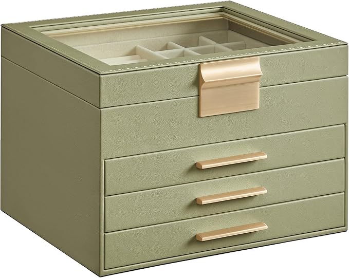 SONGMICS Jewelry Box Organizer with Glass Lid, 4-Layer Jewelry Storage, with 3 Drawers, Modern Style, 8 x 9.1 x 6.5 Inches, Laurel Green and Gold Color UJBC173C02