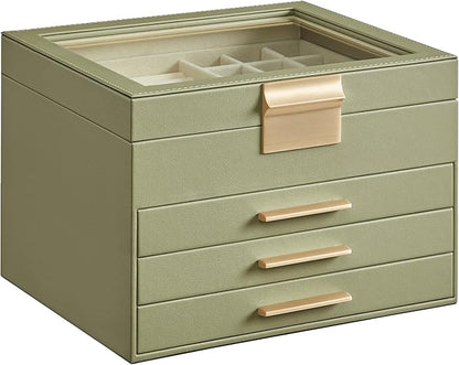 SONGMICS Jewelry Box Organizer with Glass Lid, 4-Layer Jewelry Storage, with 3 Drawers, Modern Style, 8 x 9.1 x 6.5 Inches, Laurel Green and Gold Color UJBC173C02